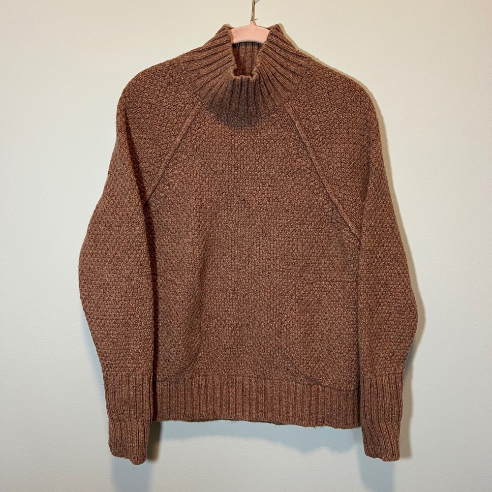 REI Co-op Women Brown Wool Blend Mock Neck Thumbhole Sweater Small Pocket Raglan